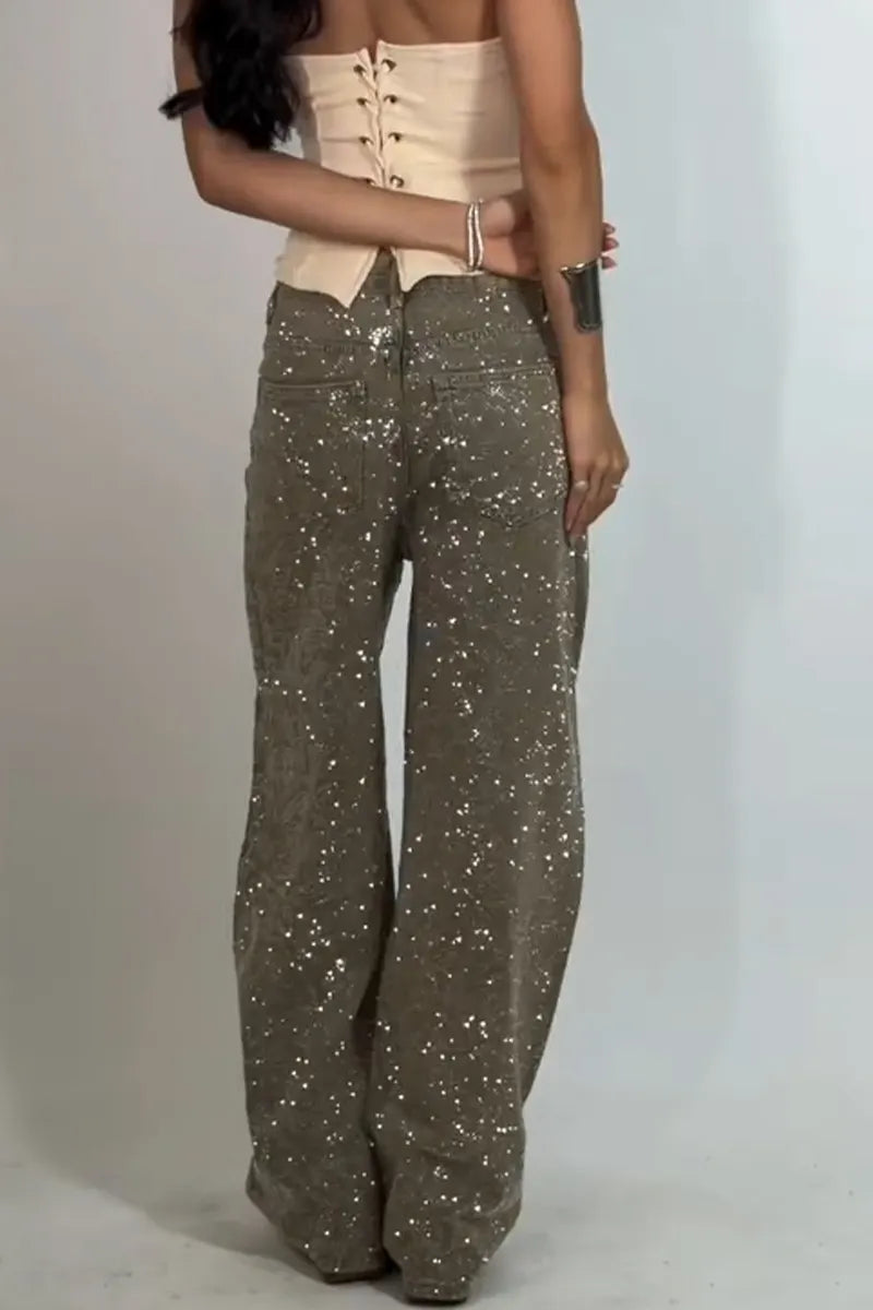 Women's Pattern Hot Pressed Diamond Casual Wide Leg Jeans