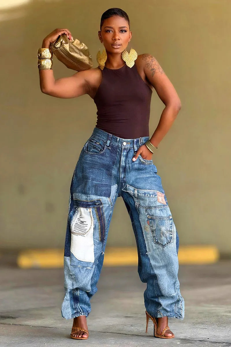 Women's Fashion Patch Panel Print Jeans