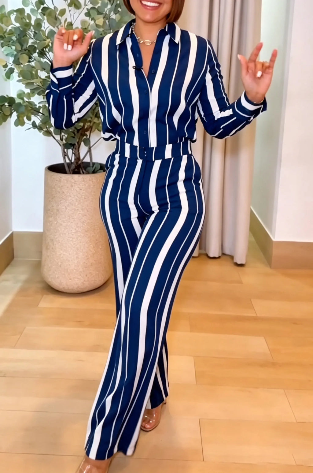 Women's Casual Daily Stripe Shirt Pants Two-Piece Set