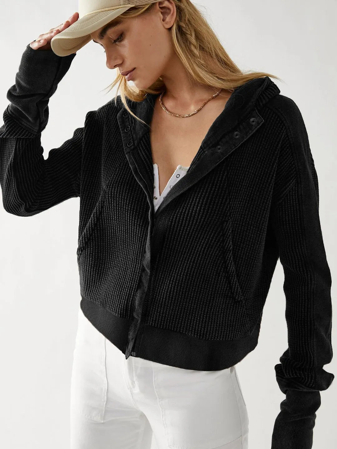 Casual Textured Knit Hoodie Sweatshirt Jacket