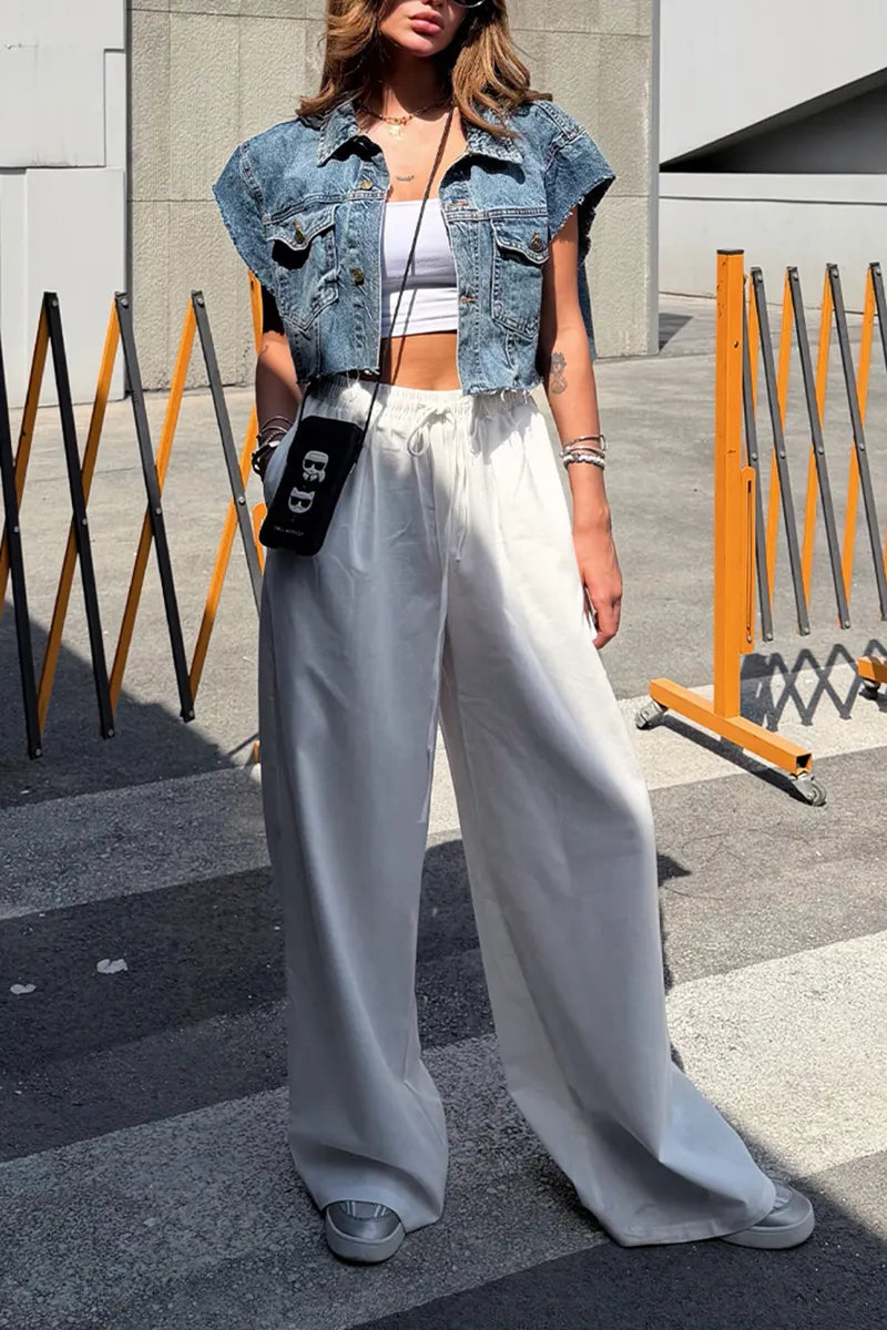 Women's Casual Wide Shoulder Distressed Wash Denim Vest