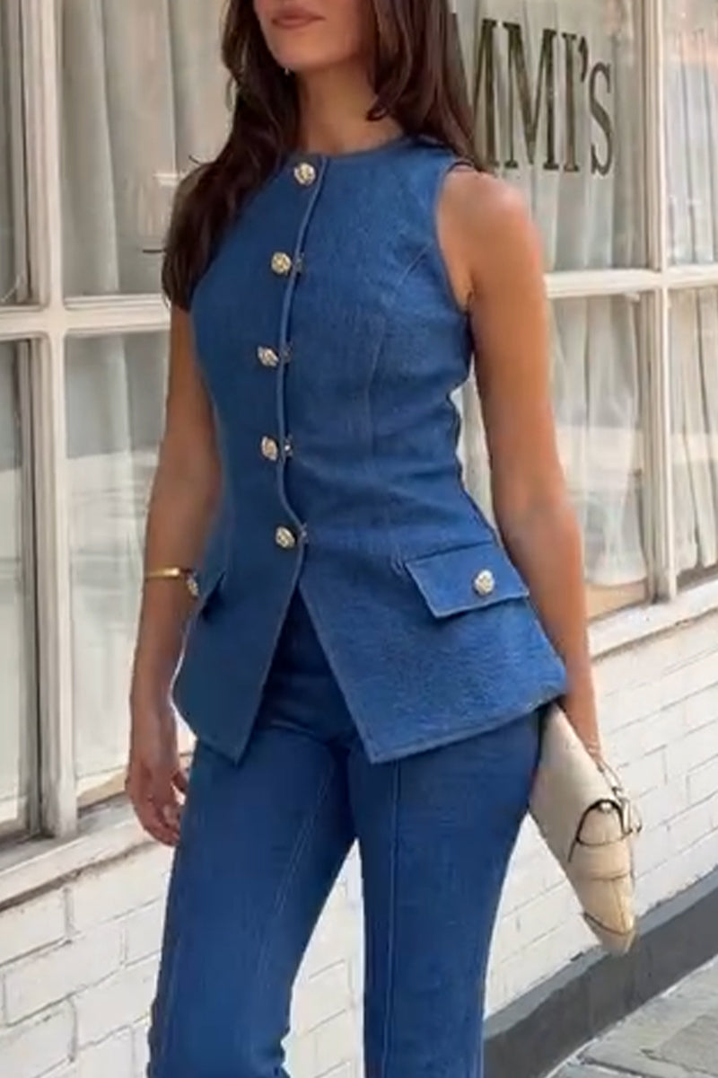 Women's Temperament Casual Round Neck Sleeveless Breasted Denim Top or Jeans