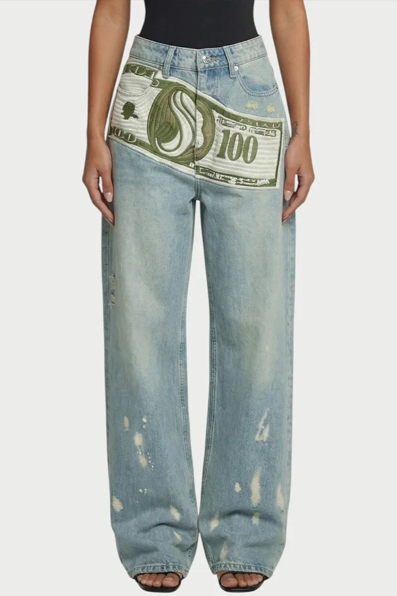 Women 100 Dollar Bill Print Splash Ink Vintage Wide Leg Denim Jeans