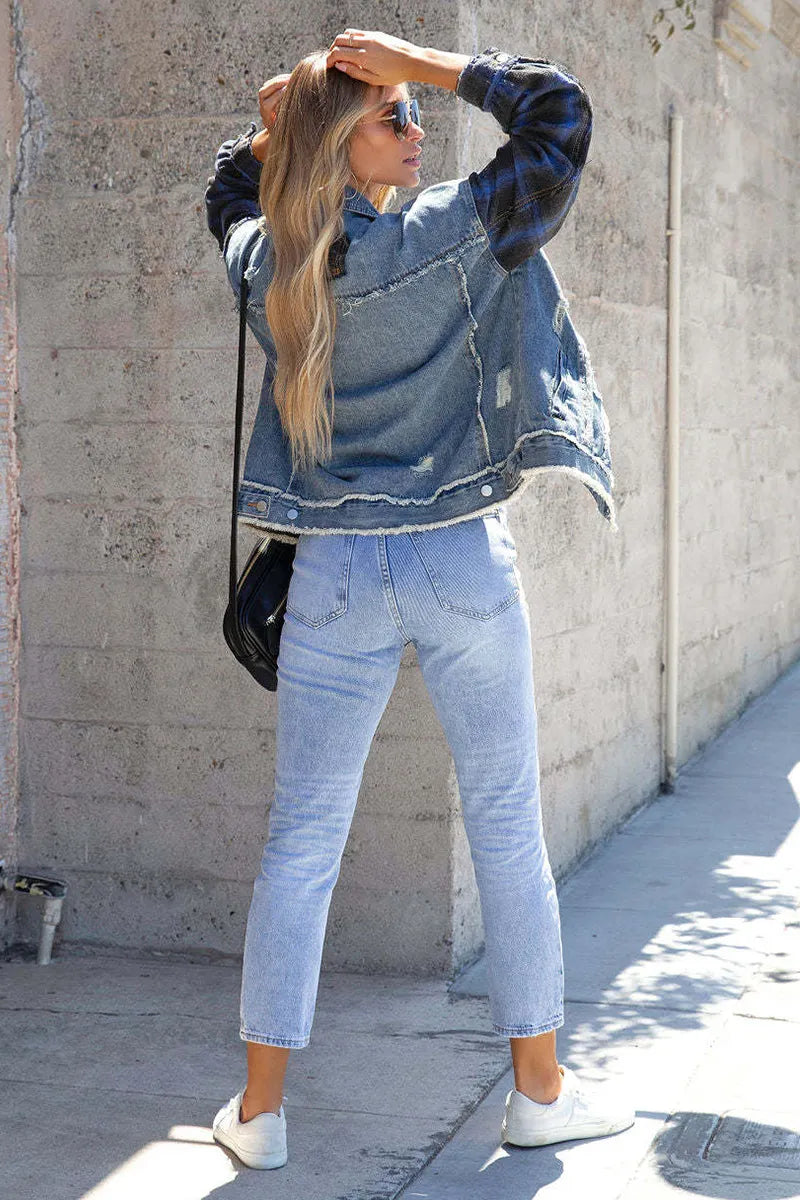 Casual Raw Hem Washed Denim Plaid Panel Jacket
