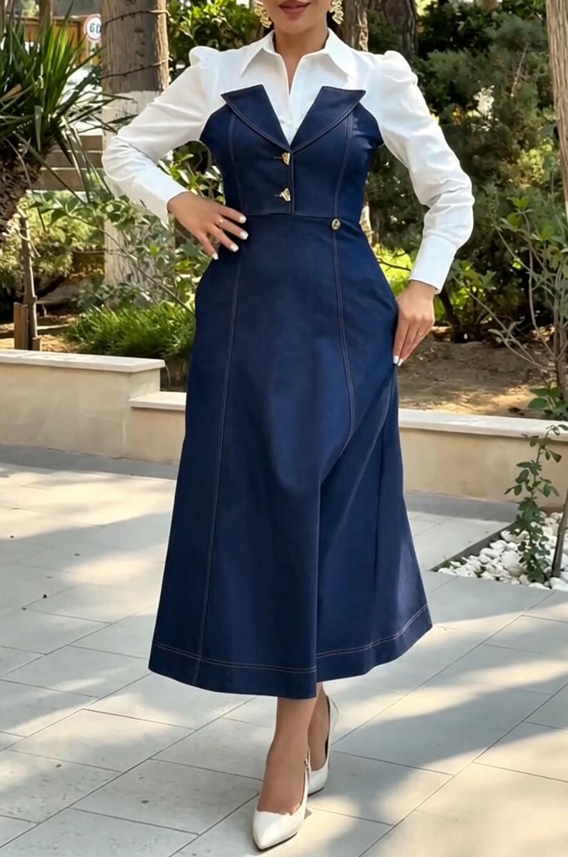 Women's Collar Patchwork Denim Elegant Temperament Dress