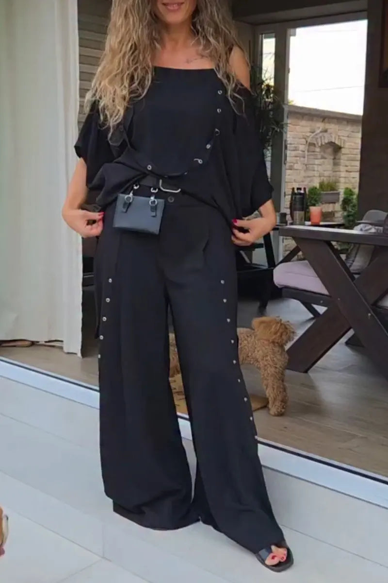 Women's Off Shoulder Patchwork Top+ Pants Casual Suit