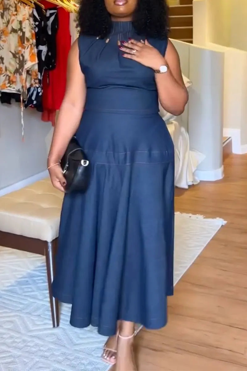 Women Round Neck Sleeveless Waist Cinched Elegant Casual Denim Maxi Dresses