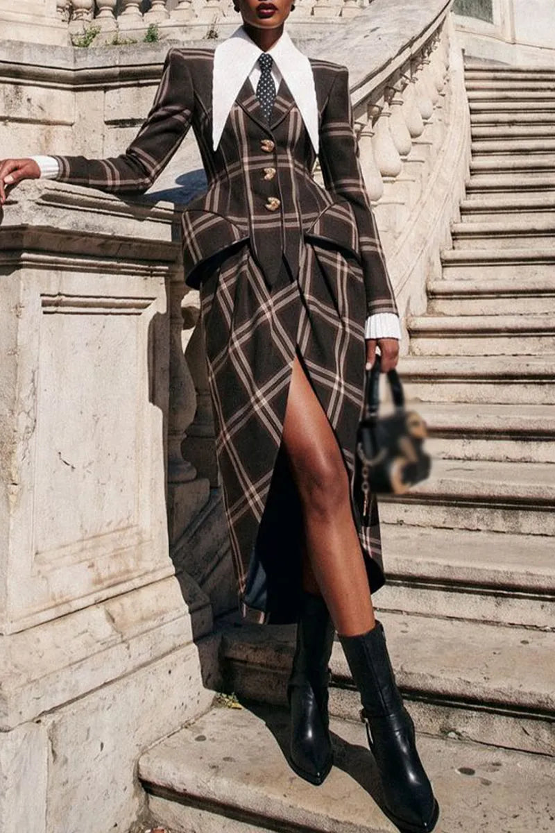Women's Elegant Temperament Collar Plaid Waist Cinched Jacket or Split Skirt