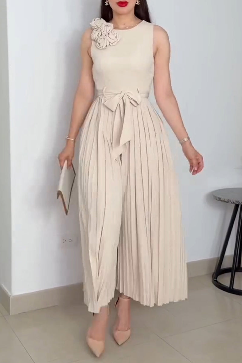 Women's Casual Flower Decoration Pleated Wide Leg Long Jumpsuit