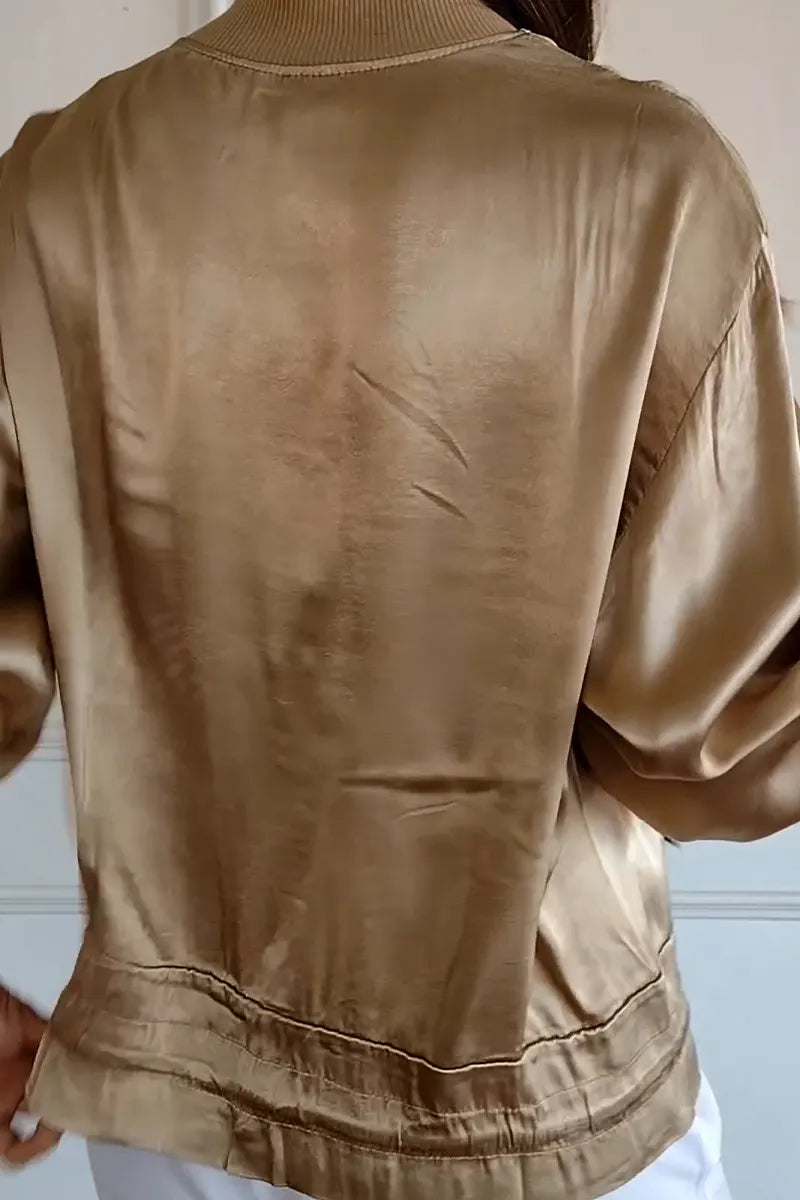 Women's Round Neck Spliced Zipper Casual Satin Jacket