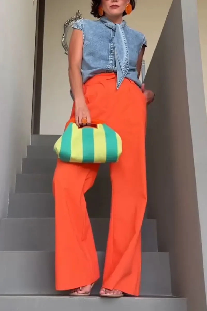 Women's Patchwork Tie Washed Denim Top or Solid Color Wide Leg Pants