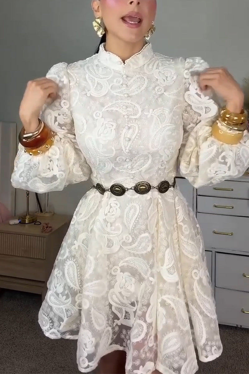 Women's Round Neck Waist Cinched Buckle Pattern Elegant Temperament Midi Dresses
