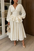 Women's Elegant V Neck Long Sleeve Ruched Ruffle Cream Maxi Dress