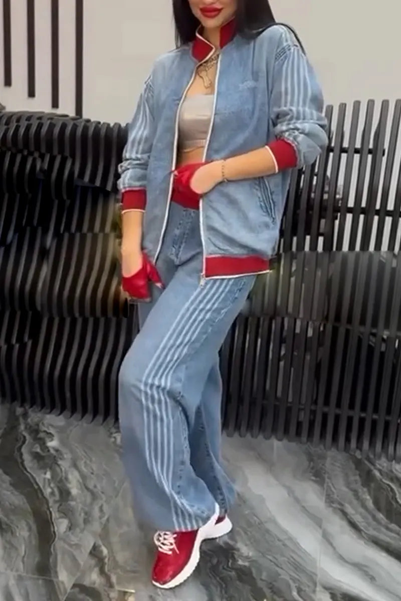 Women's Casual Round Neck Spliced Jacket or Vertical Striped Jeans