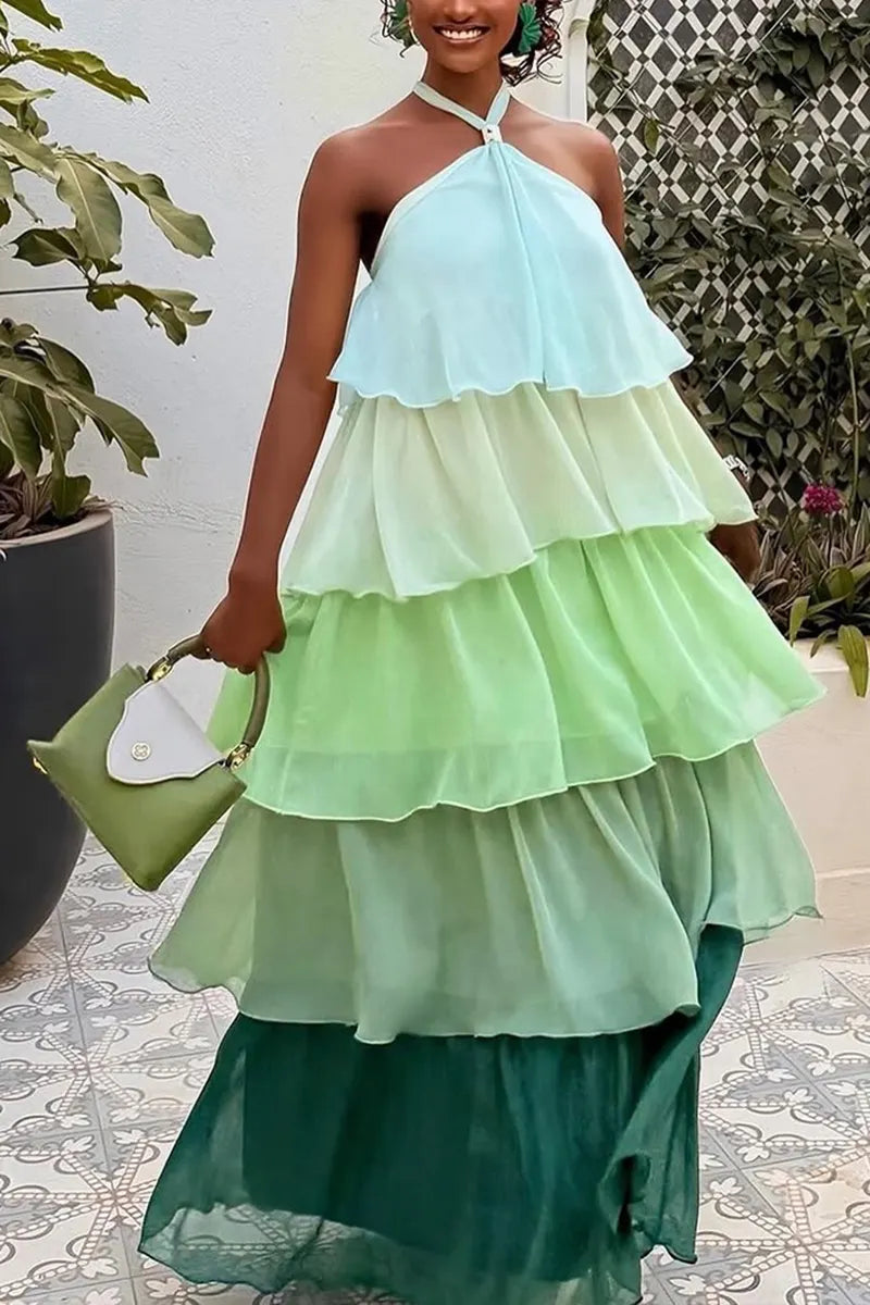 Women's Vacation Gradient Color Block Tiered Dress