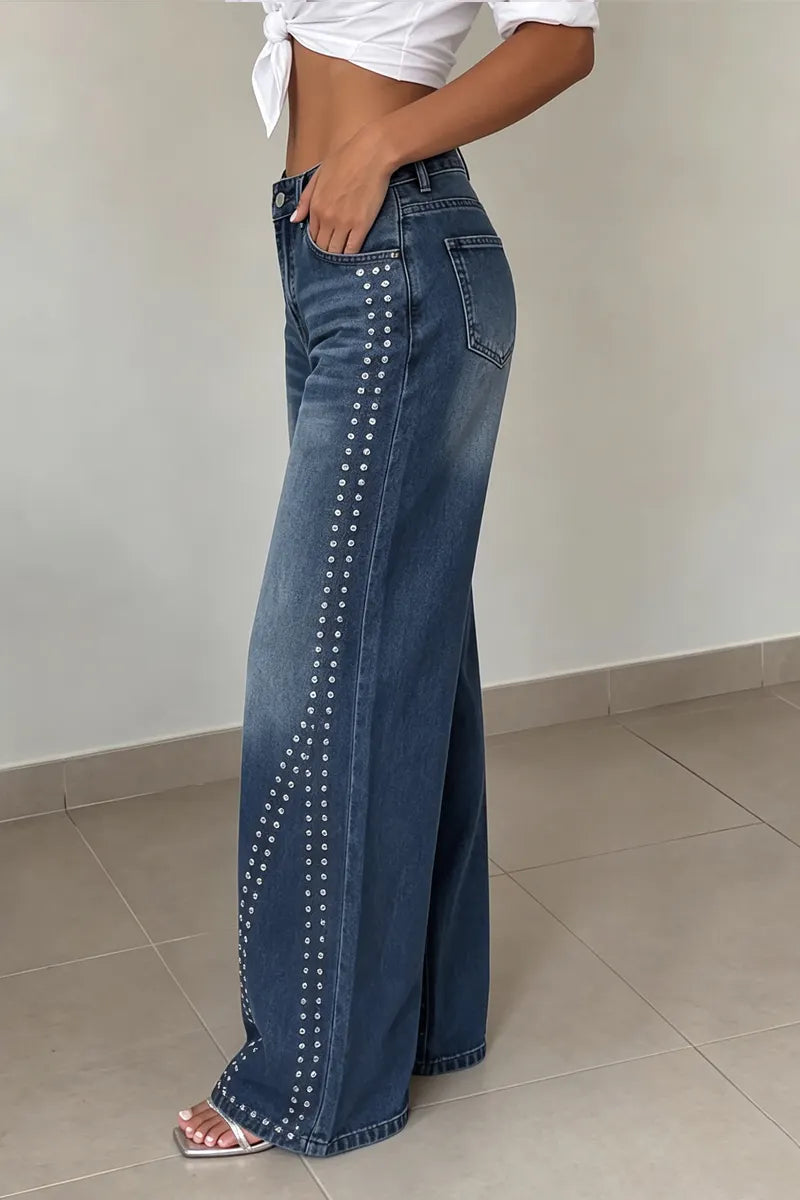 Women's Vintage High Waist Studded Trim Wide Leg Blue Jeans