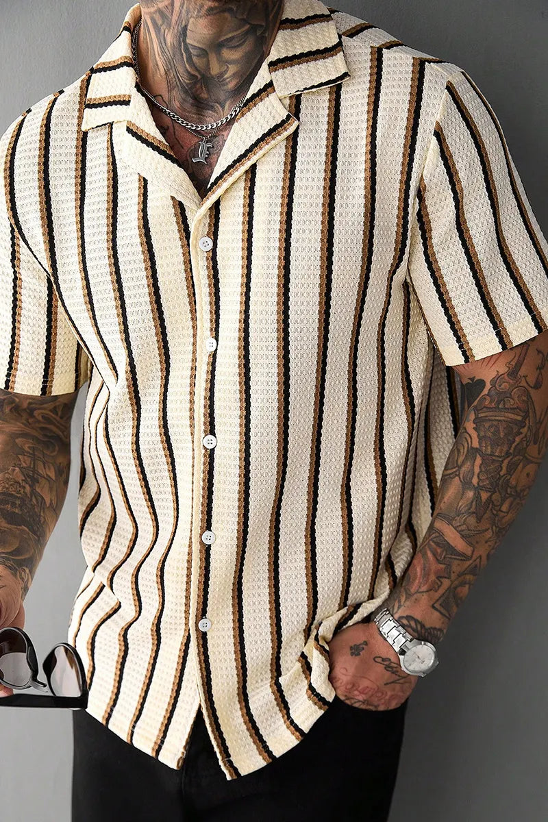 Men's Beige Summer Casual Vacation Holiday Striped Waffle Knit Polo Shirt,Classic Button Down Short Sleeve Textured Cuban Shirt Retro Outdoor Tops