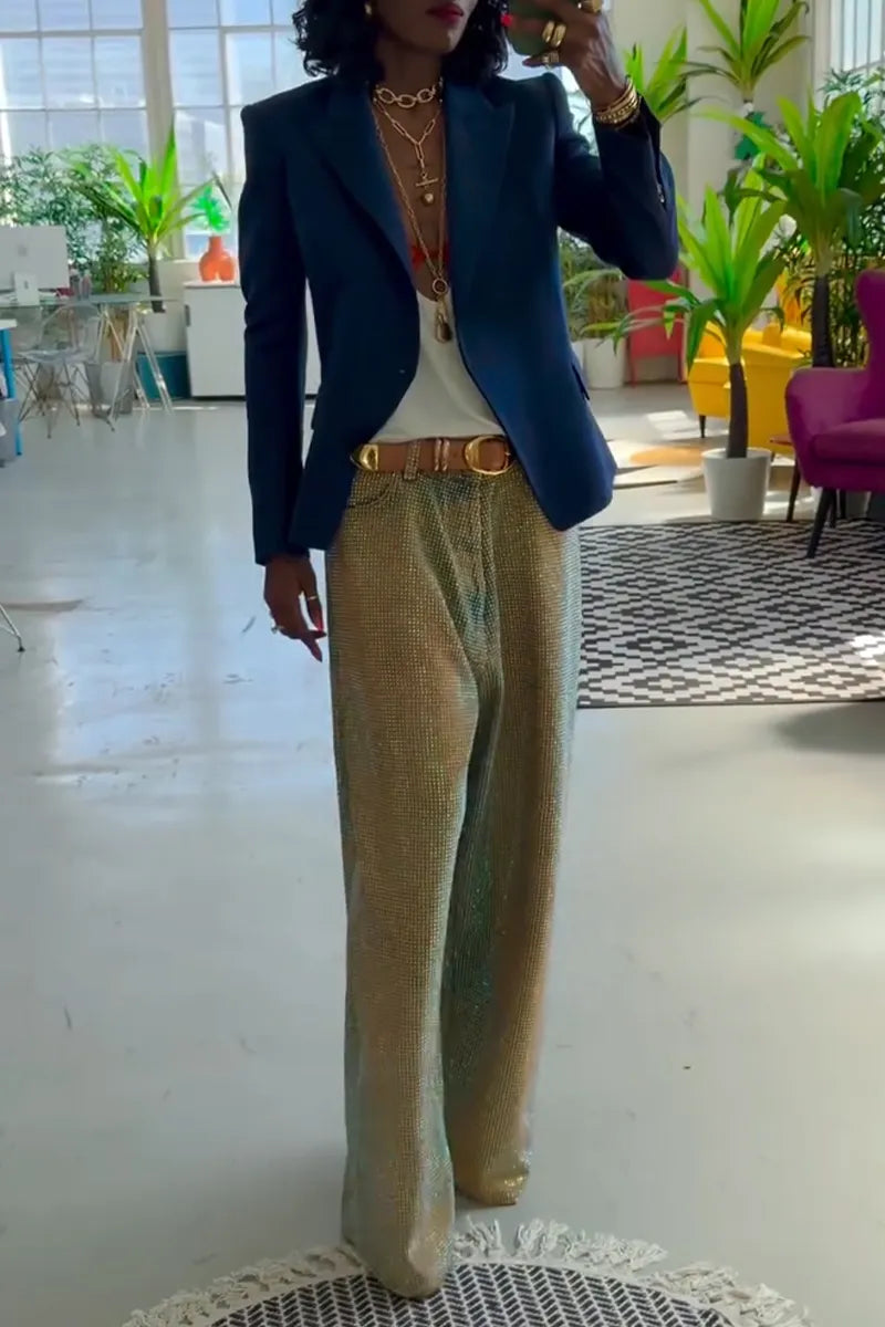 Women's Collar Solid Color Jacket or Full Diamond Shiny Pants