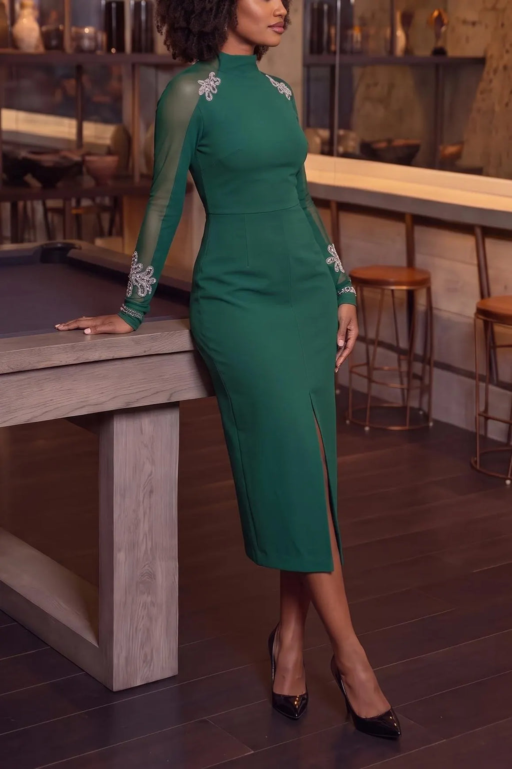 Women's Emerald Green Long Sleeve Bodycon Midi Dress Sparkly Applique Front Slit Cocktail Pencil Dress Elegant Wedding Guest Dresses