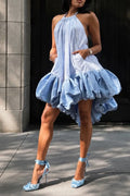 Women's Fashion Balloon Hem Patchwork Backless Striped Dress
