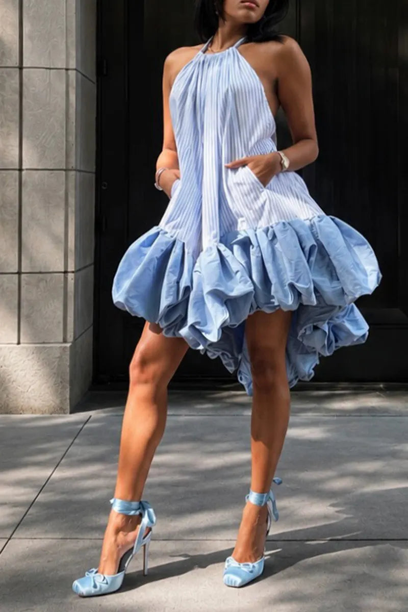 Women's Fashion Balloon Hem Patchwork Backless Striped Dress