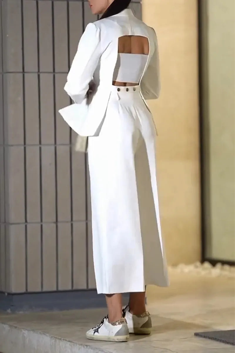 Women's Collar Back Hollow Jacket+ Pants Casual Suit