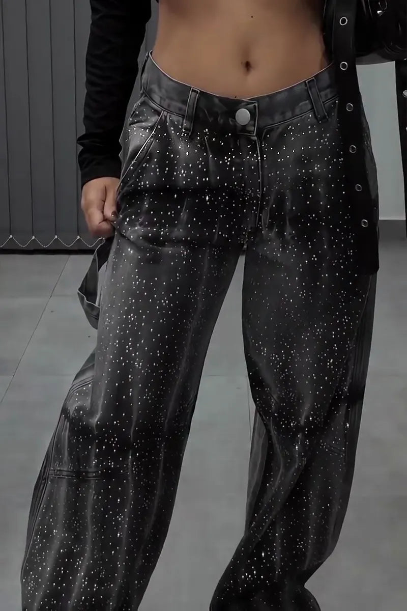 Women's Casual Rhinestone Decoration Wash Wide Leg Jeans