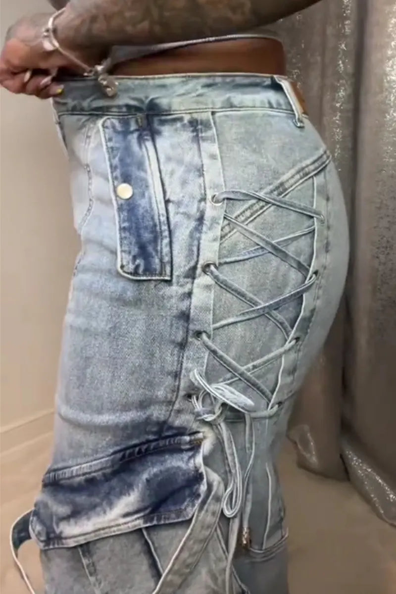 Women's Street Style Wide Leg Cargo Jeans With Multiple Pockets And Drawstring Details