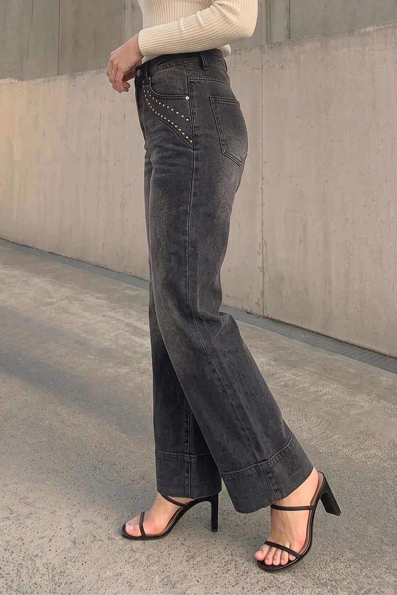 Women's Washed Black Wide Leg Jeans with Studded Pockets Front Seam Cuffed Denim Pants