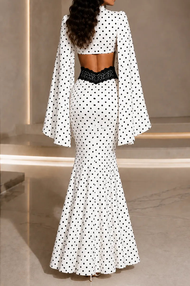 Polka Dot Cape Sleeve Crop Top & Lace Detail Mermaid Maxi Skirt Set