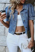 Women Casual Puffed Sleeve Cropped Denim Blazer Vintage Washed Short Sleeve Crop Jean Top