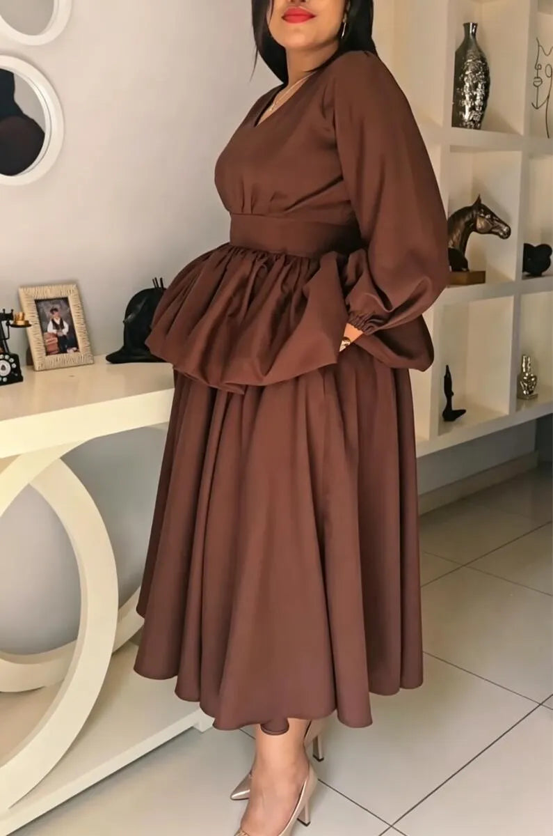 Women V-neck Patchwork Solid Color Elegant Temperament Dress