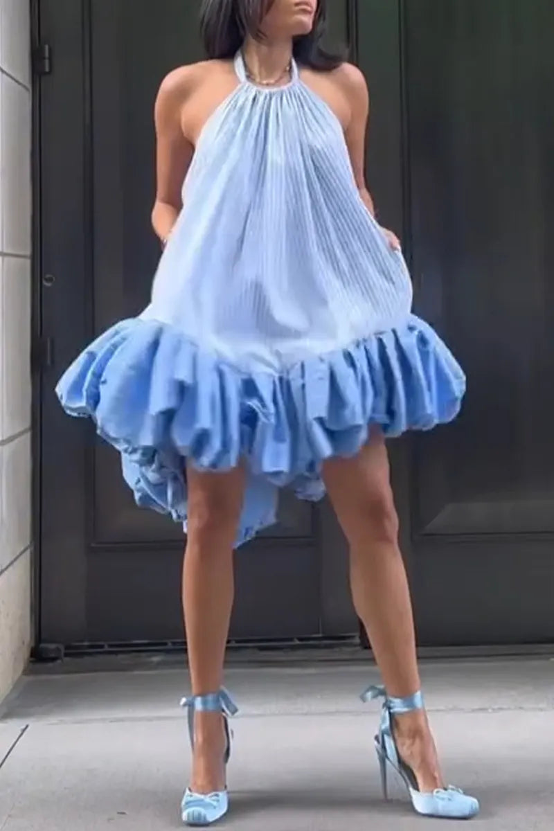 Women's Fashion Balloon Hem Patchwork Backless Striped Dress