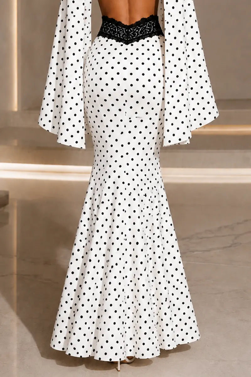 Polka Dot Cape Sleeve Crop Top & Lace Detail Mermaid Maxi Skirt Set