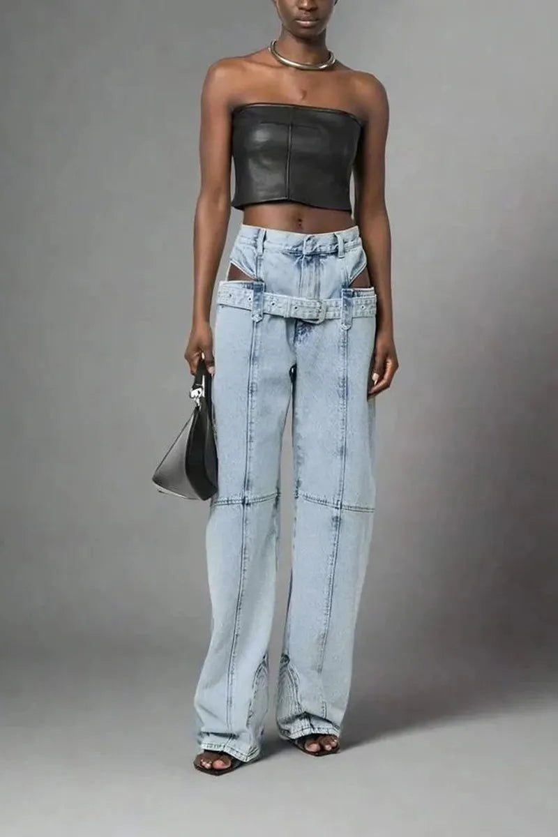 Women Vintage Acid Wash Cut Out Hip Belt Detail Stitched Seam Oversized Wide Leg Denim Trousers