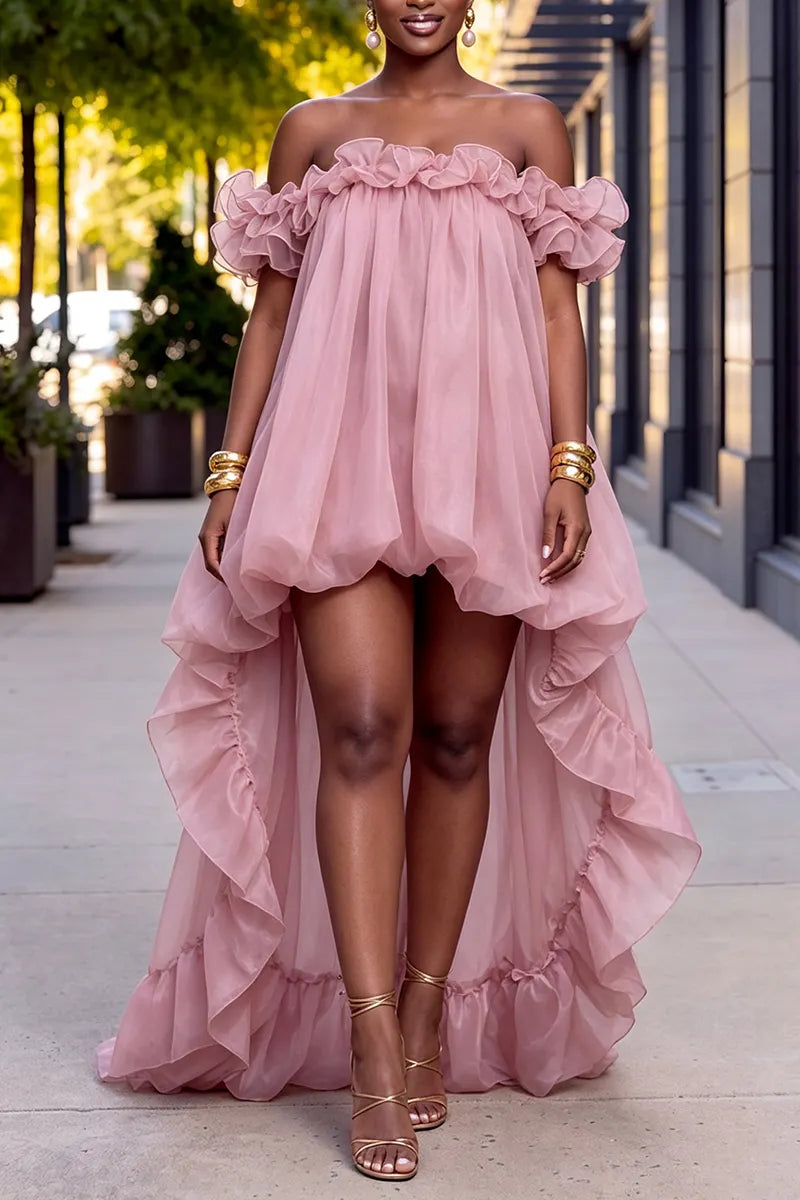 Women's Fashion High-Low Flowing Ruffle Hem Maxi Dress