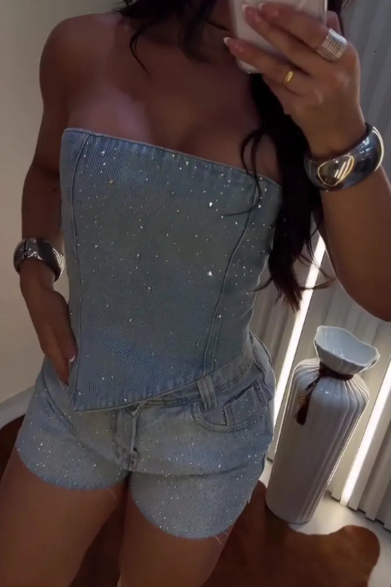Women's Sparkly Rhinestone Denim Rhinestone-Embellished Tube Top Or Shorts