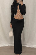 Women's Slim Fit Mock Neck Pearl Embellished Black Crop Top Maxi Skirt Set