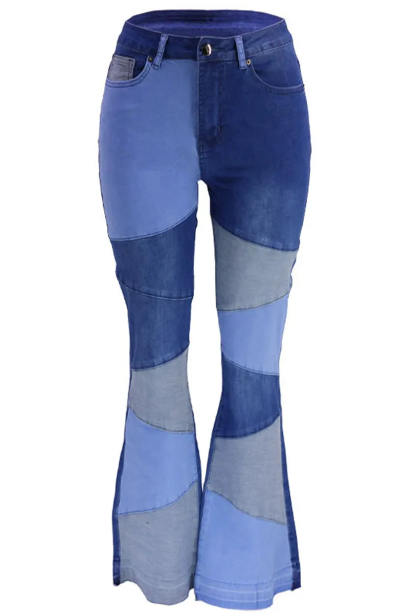 Fashion Color Block Stretch Flare Jeans