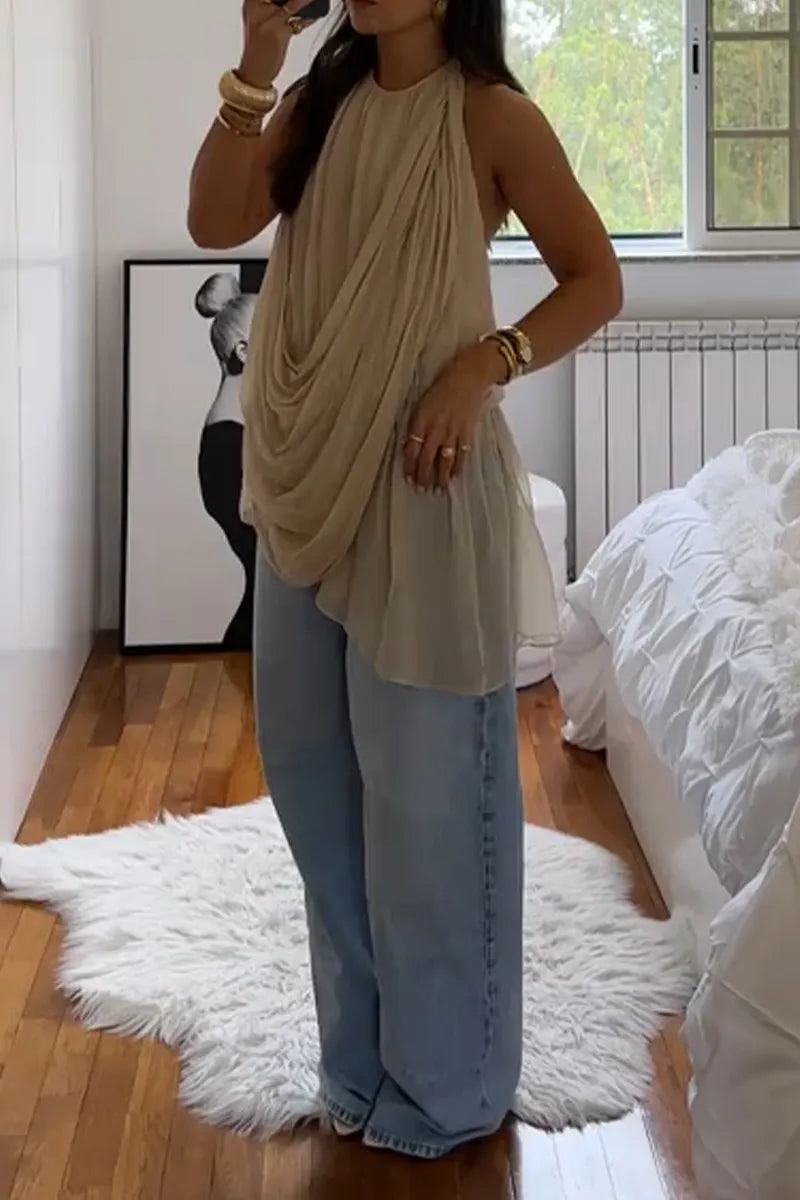 Women's Round Neck Patchwork Irregular Top or Washed Casual Jeans