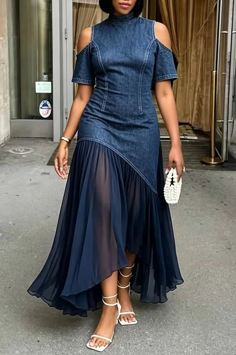 Women's Round Neck Patchwork Mesh Elegant Casual Denim Dress