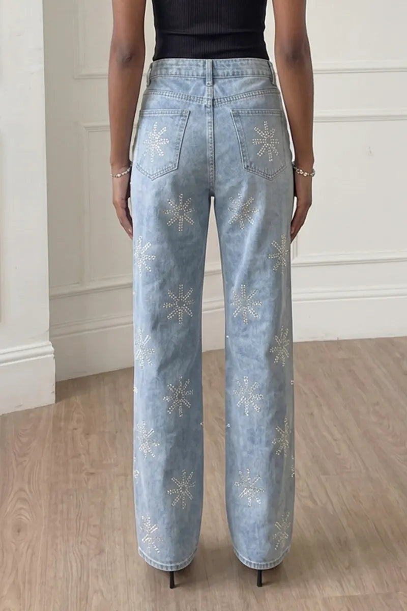 Women's High Waisted Snowflake Embroidered Jeans Light Wash Loose Straight Leg Denim Pants