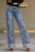 Women's Denim Jeans with Floral Cutouts, Cuffed Hems, and Rhinestone Embellishments