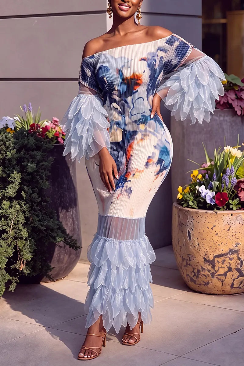 Women's Elegant Print Tiered Mesh Hem Decoration Maxi Dress