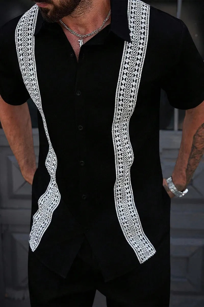Men's Casual Contrast Color Lace Trim Shirt, Summer