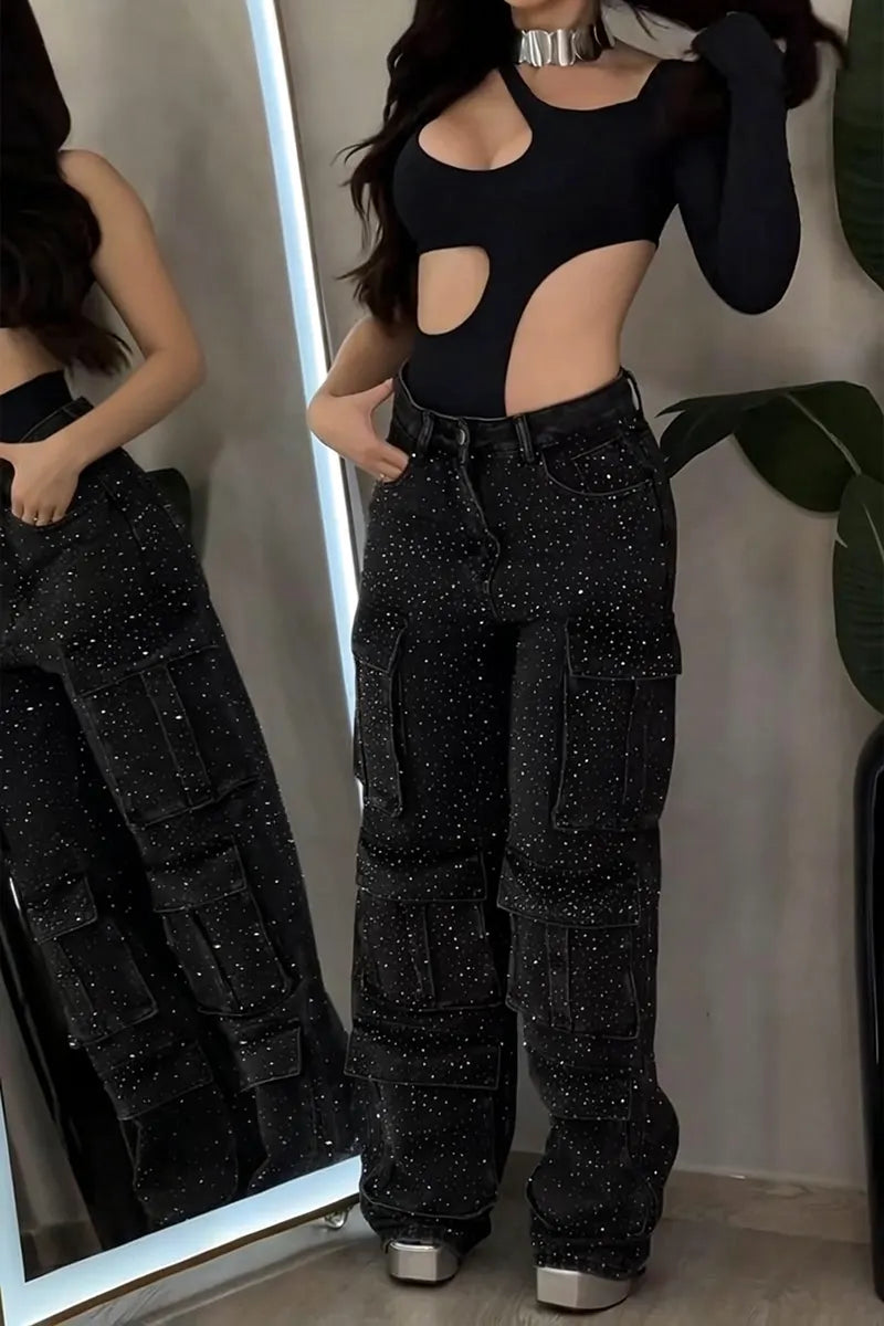 Women's Fashion Shiny Rhinestone Cargo Jeans