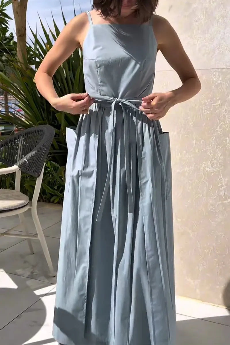 Women's Suspender Patchwork Waist Cinching Solid Color Casual Dress