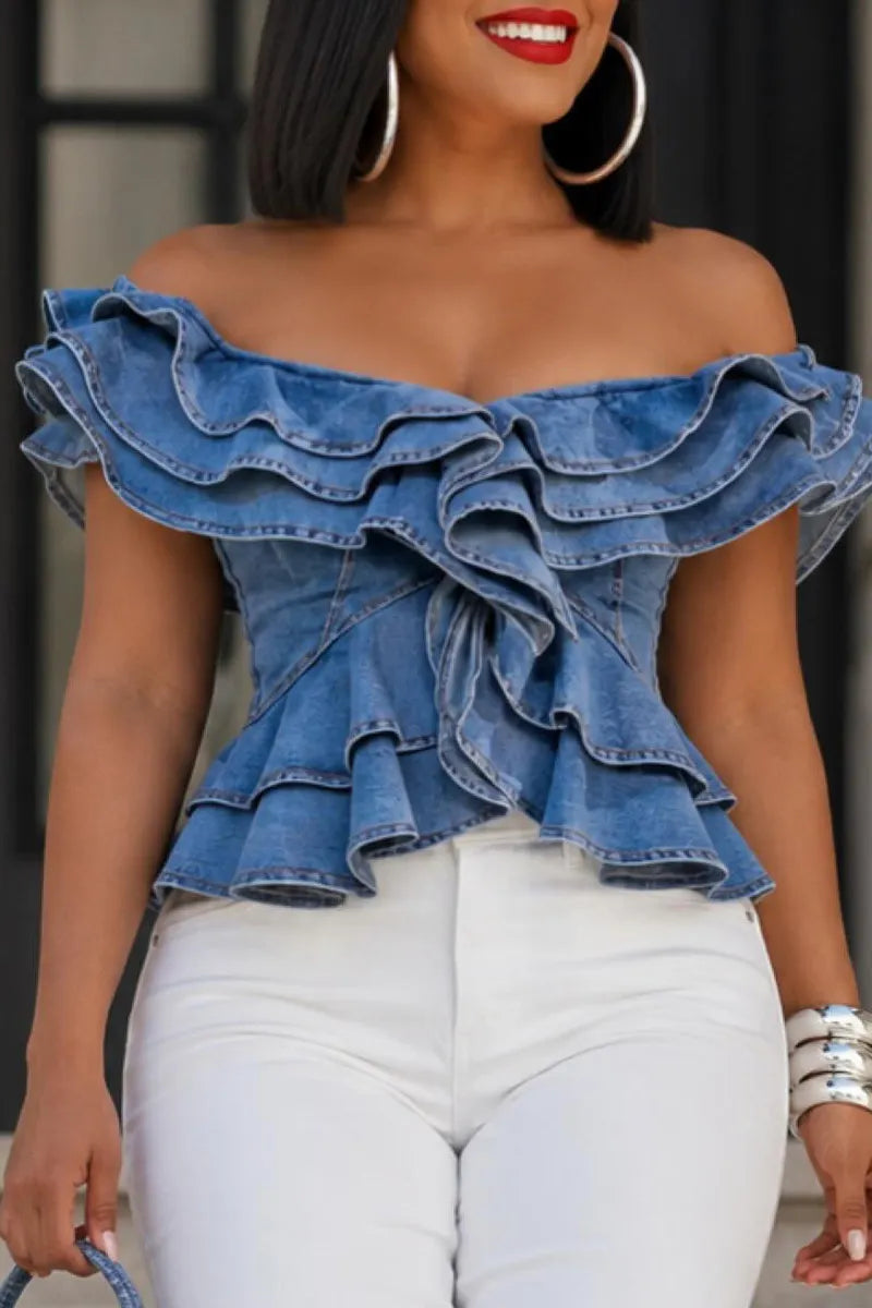 Women'sOff Shoulder Double Ruffle Tie Front Peplum Denim Top Or High Waist Raw Frayed Hem White Denim Bermuda Shorts