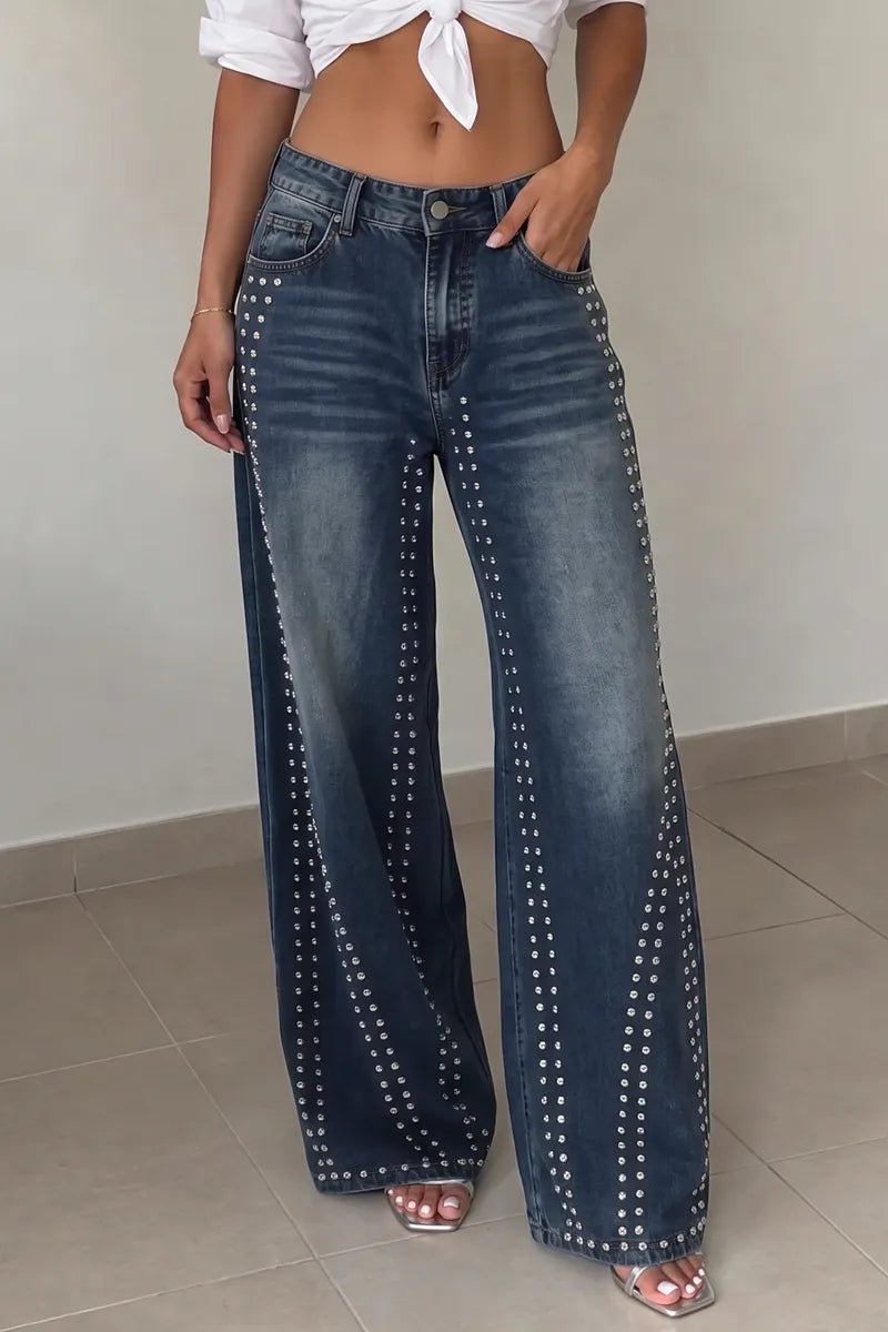 Women's Vintage High Waist Studded Trim Wide Leg Blue Jeans