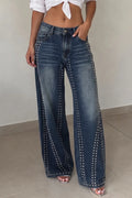 Women's Vintage High Waist Studded Trim Wide Leg Blue Jeans